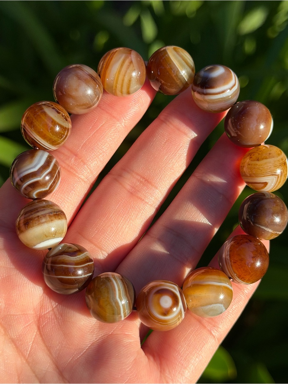 14mm Banded Brown Agate Beaded Stretch Bracelet 1983